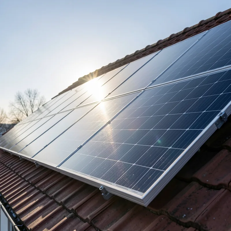 Panneaux photovoltaïques inclinés sur une toiture en tuiles avec le soleil bas derrière