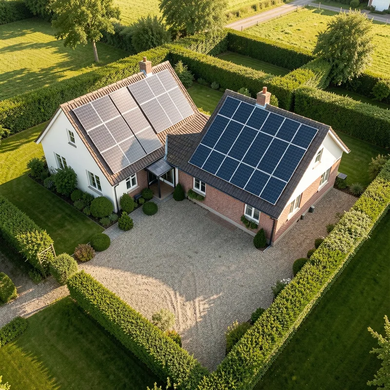 Deux pans de toiture équipés de modules photovoltaïques orientés est et ouest