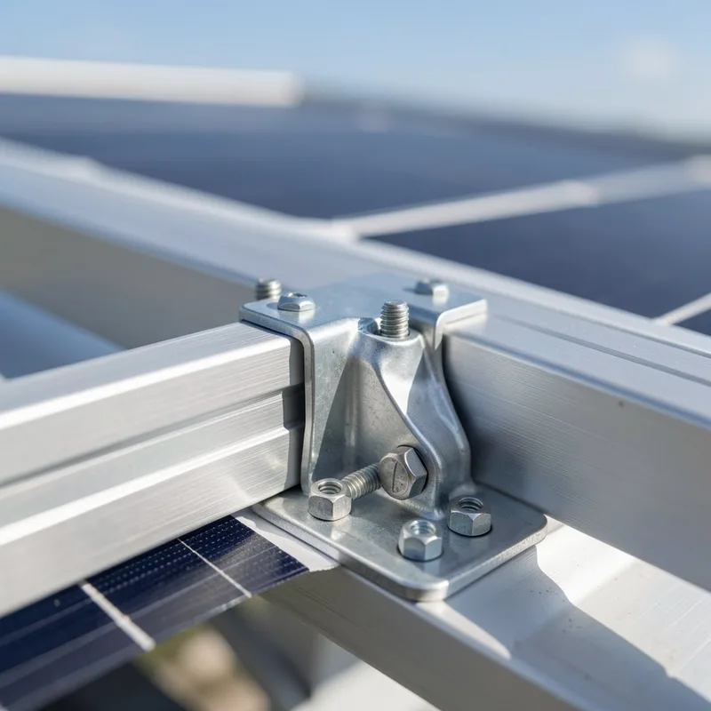 Vue rapprochée d&rsquo;un rail de fixation réglable maintenant un panneau solaire incliné