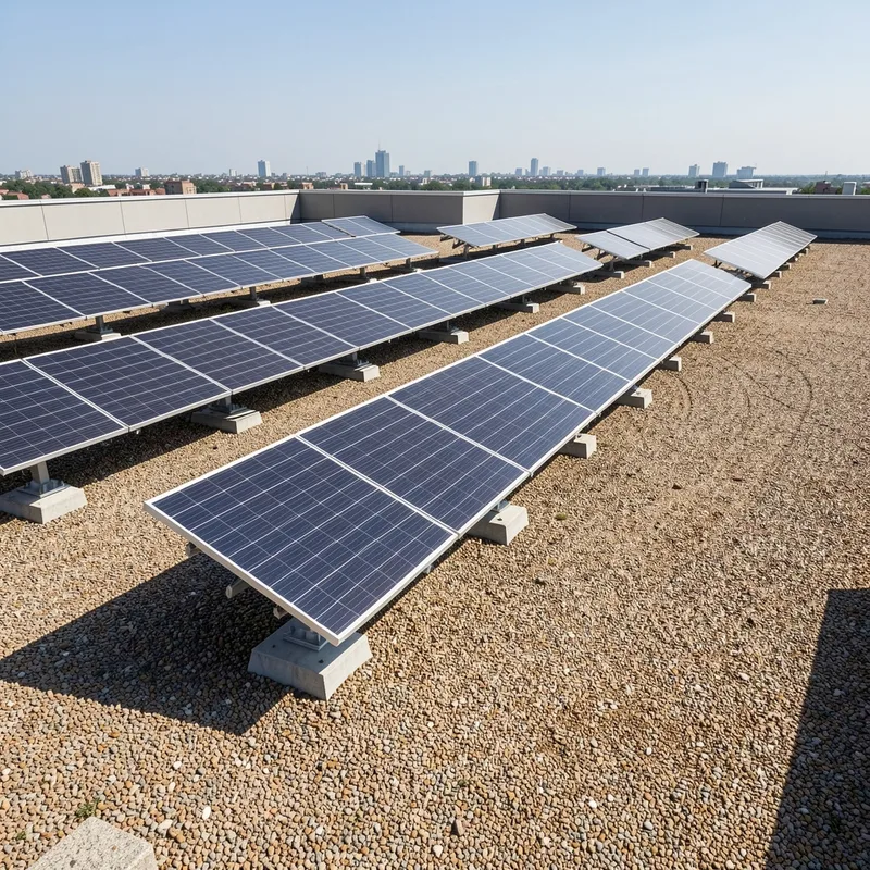 Rangées de panneaux solaires sur lestage posées sur une toiture-terrasse plate