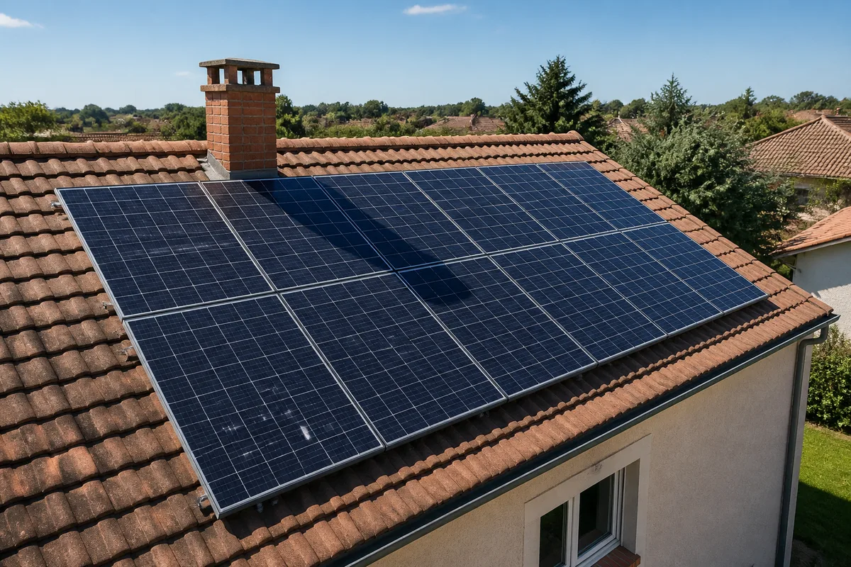 Ombre d&rsquo;une cheminée sur une partie des panneaux solaires d&rsquo;une toiture résidentielle