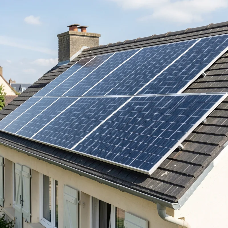 Ouvriers installant des panneaux photovoltaïques sur un toit résidentiel