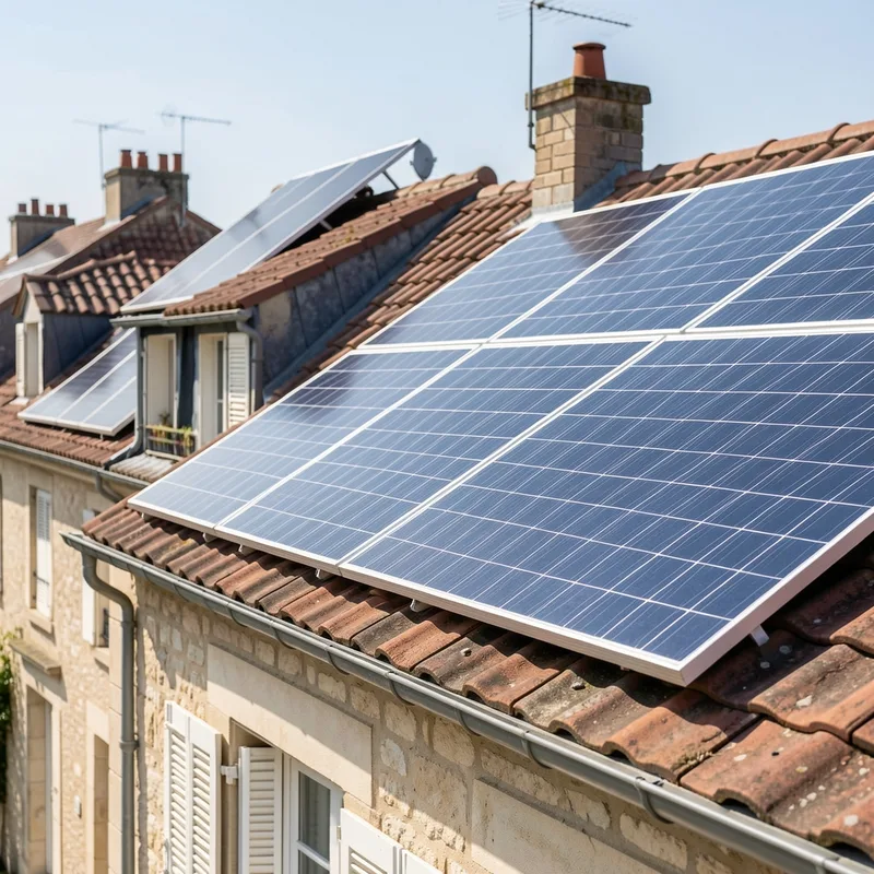 Panneaux photovoltaïques installés sur une toiture résidentielle en pente